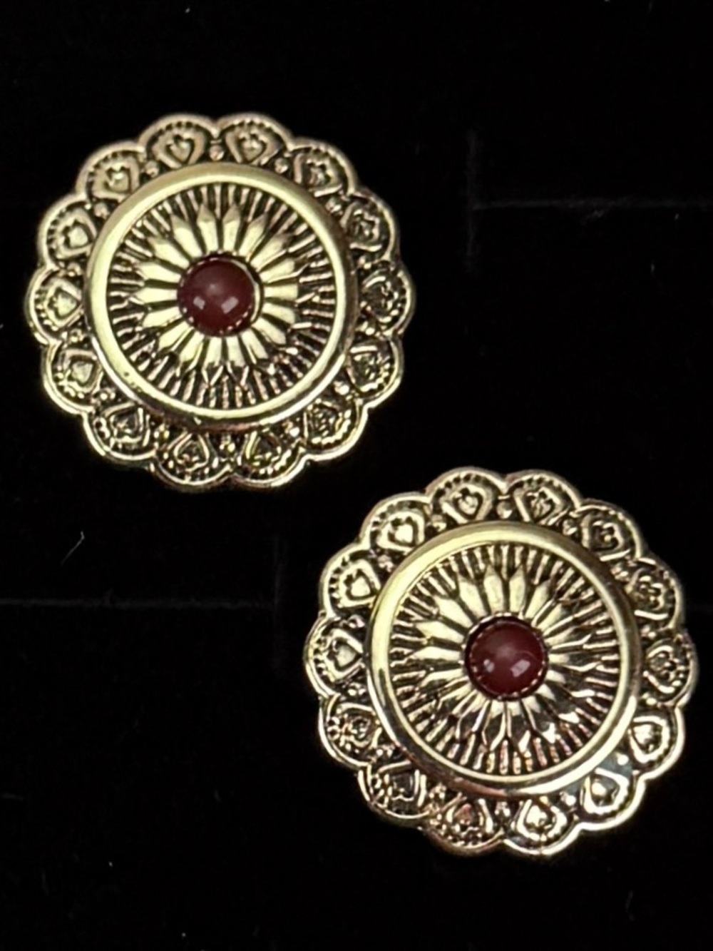 Vintage Goldtone Floral Medallion Pierced Earrings with Red Center